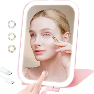 Travel Makeup Mirror, Mirror with 3 Light, USB-Mirror with Lights,Gift for and Girls (Pink)