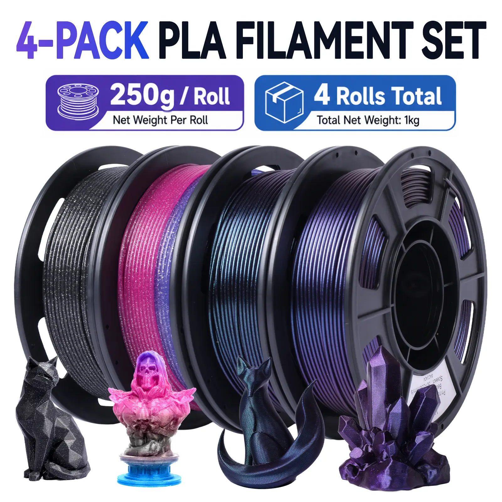 Epelay Dual Color Silk PLA 3D Printer Filament, 4 Rolls x 250g Each, 1.75mm Shiny PLA Filament for FDM Printers