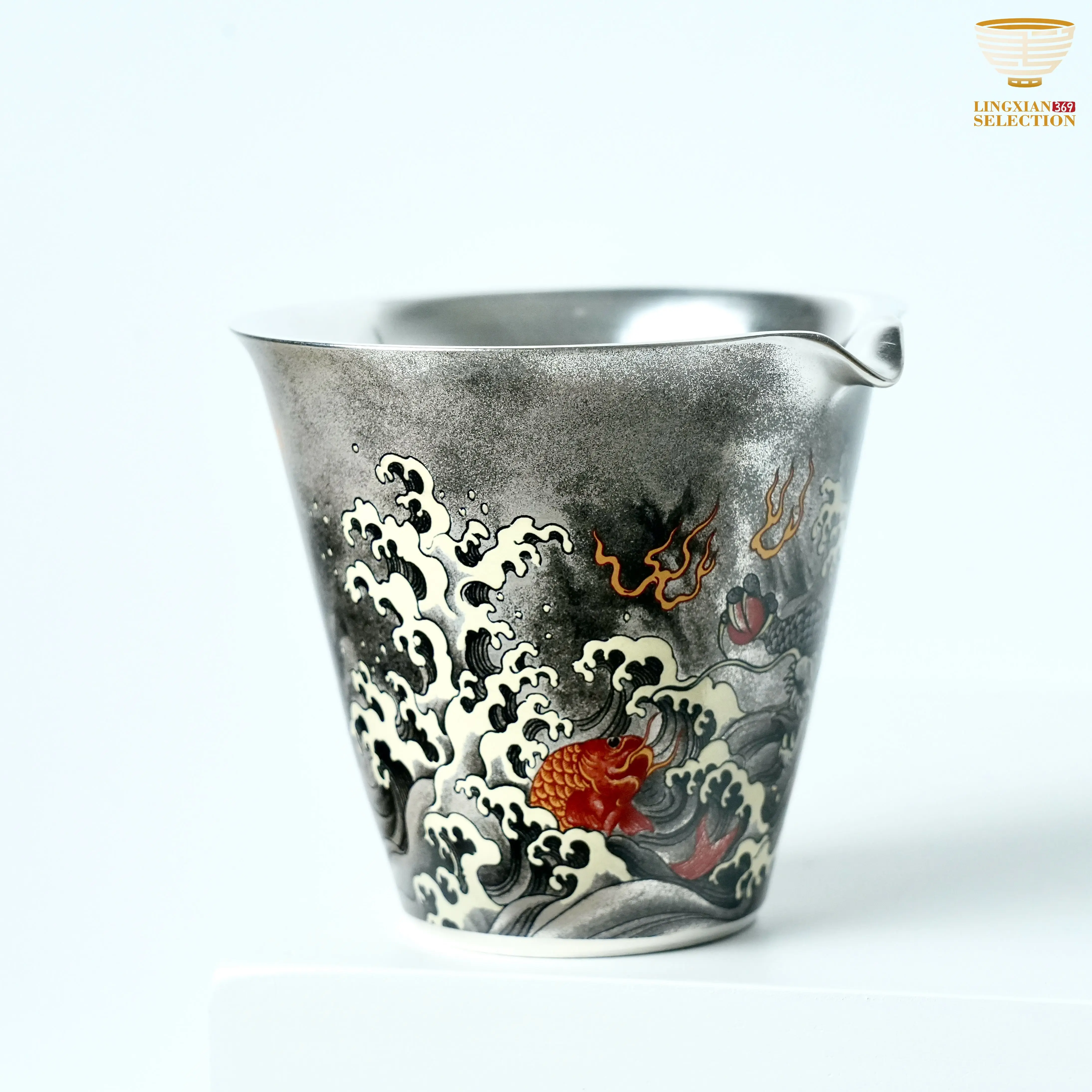 "Dragonfish Frolic" Traditional Dehua White Ceramic Sharing Cup with Ink-Style Dragon Decal, Kungfu Tea Accessory, Collectible Cultural Pottery Gift