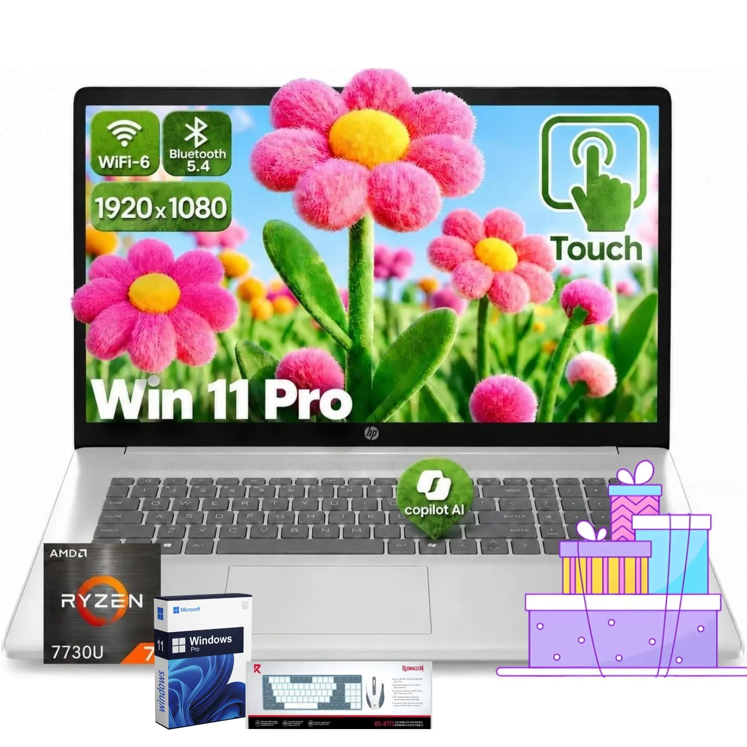 HP 15.6 Inch FHD Touchscreen Portable Laptop, AMD Ryzen 7 7730U, Up to 32GB RAM, 1TB SSD, Copilot AI Key, WiFi 6, Fast Charge, Windows 11 Pro for Business & Study, Bundle Accessories Included