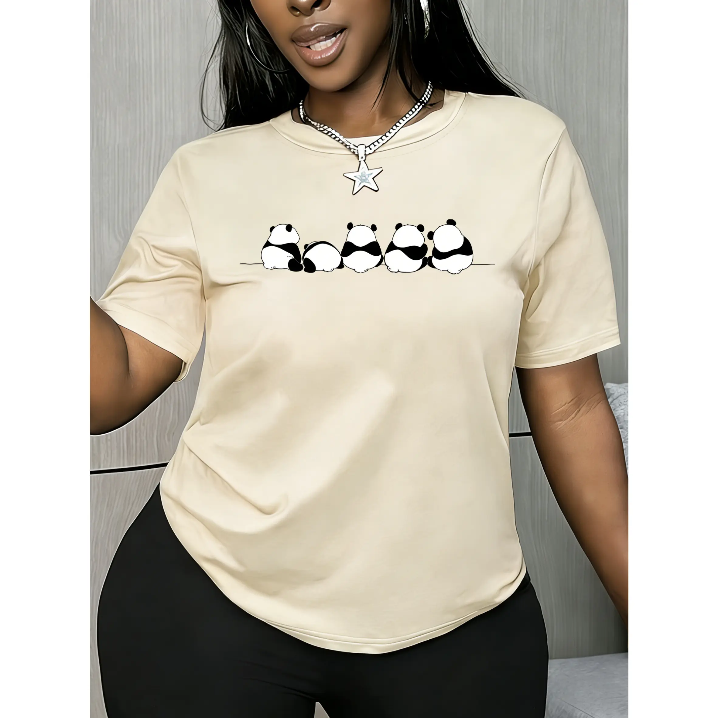 Women's 100% Cotton Shortsleeve T-Shirt - Basic Seamless Smooth Fabric, Panda Silhouette Cartoon Animal Print, Loose Casual, Soft Breathable, Trendy, Suitable for Commuting & Daily Wear