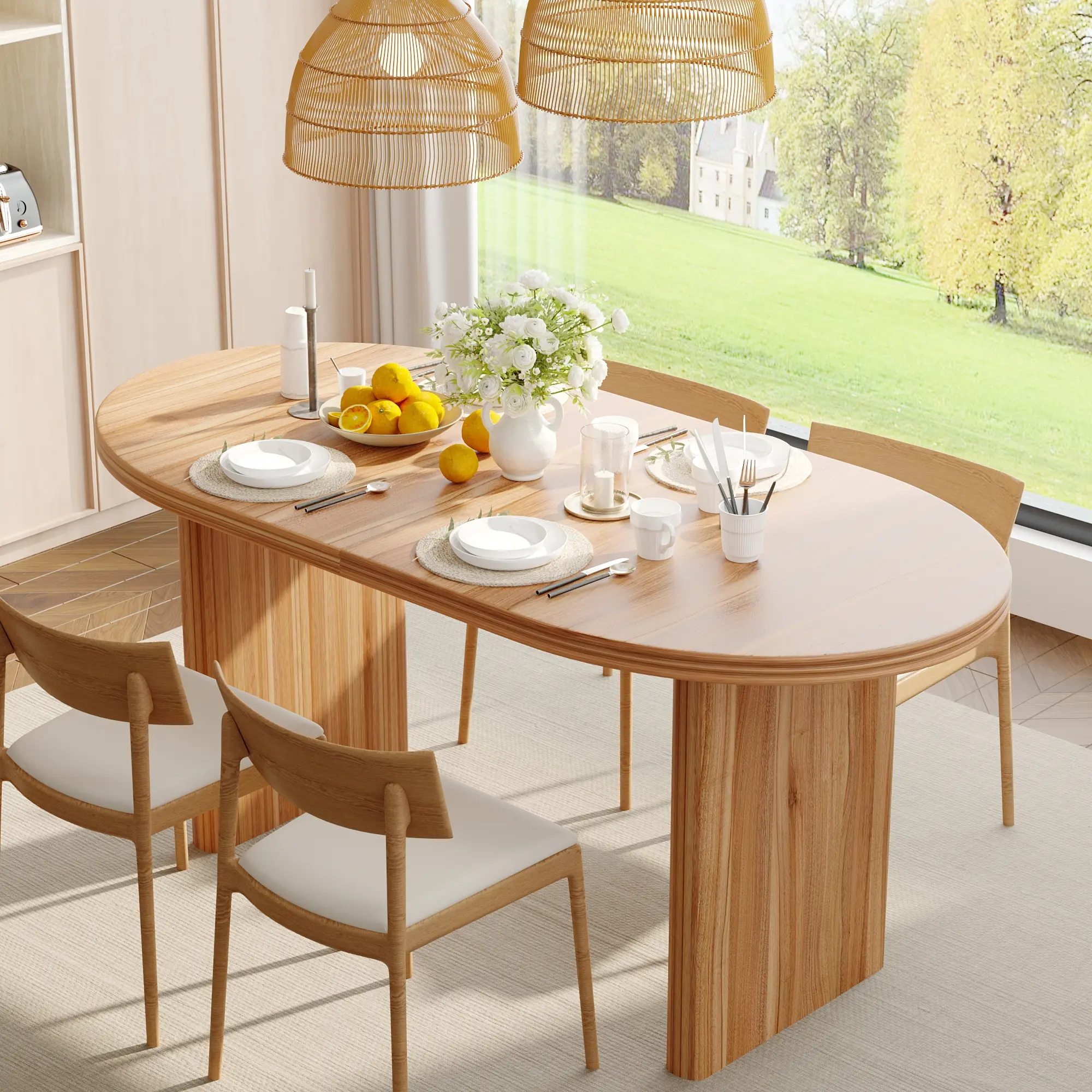 Mid-Century Modern Extendable Dining Table - Natural Walnut, 55.12"-70.87" with Removable Extension Leaf, Suitable for Dining Rooms & Kitchens