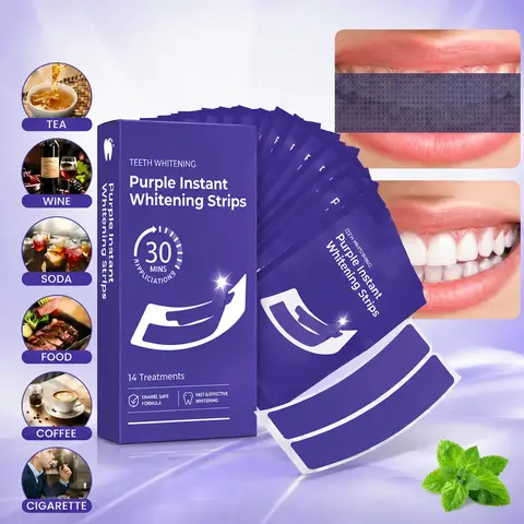 Peroxide-Free Mint-Flavored Whitening Teeth Strips - 28 Strips (14 Sessions), Radiant Stain Treatment with Color Correction, Sensitive-Friendly At-Home Dental Care for Daily Smile Enhancement
