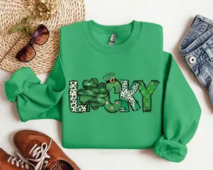 [Sale Up To 45%] Lucky St. Patrick’s Day Sweatshirt, Shamrock Clover Graphic Tee, Irish Green Patchwork Hoodie