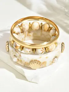 Boho Shell Pearl Resin Beaded Bracelet Set, Exaggerated Layered Bohemian Style, 3 Piece Stackable Jewelry for Women