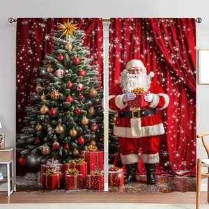 Santa Claus & Christmas Tree Pattern Curtain, 2pcs/set Holiday Party Decoration Window Curtain, Home Decor for Living Room Bedroom