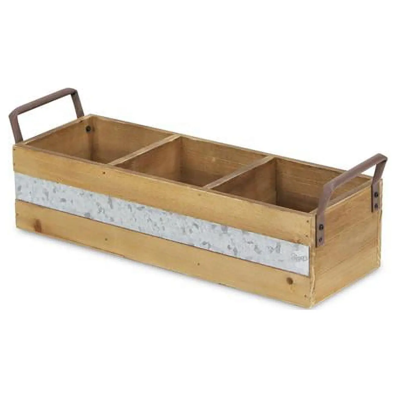 Cheungs FP-3878BR Rectangular Brown Wooden Desk Organizer (Wooden Body, Handcrafted Design), 3-Compartment Storage Caddy, Galvanized Accent Strip, 2 lbs, 4.50in H x 4.75in W x 14.50in D, Fully Assembled Storage Containers for Office Stationery & Supplies