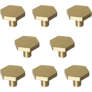 1-1/10" Solid Brass Knobs Shoe Cabinets Knob and Pulls Brushed Gold Hexagon Handles for Dresser Drawer (8Pcs)