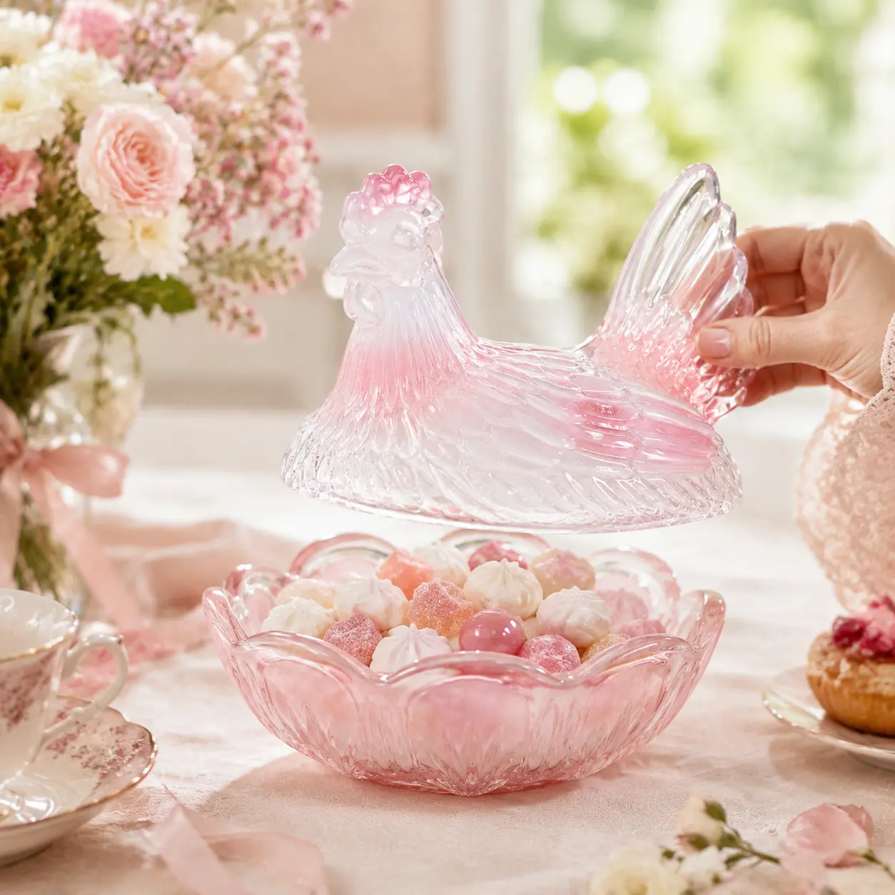 Thick Sturdy Hen Chicken-Shaped Glass Storage Bowl Canister with Lid, Blush Pink-White Gradient Container for Tea, Cookies, Coffee Snacks, Farmhouse Kitchen Decor Organizer for Birthday Gifting