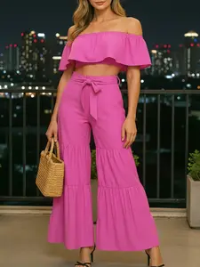 Summer Two-Piece Set Women Off-Shoulder Top + High-Waisted Wide-Leg Pants, Fashion Casual Style, Beach Essential