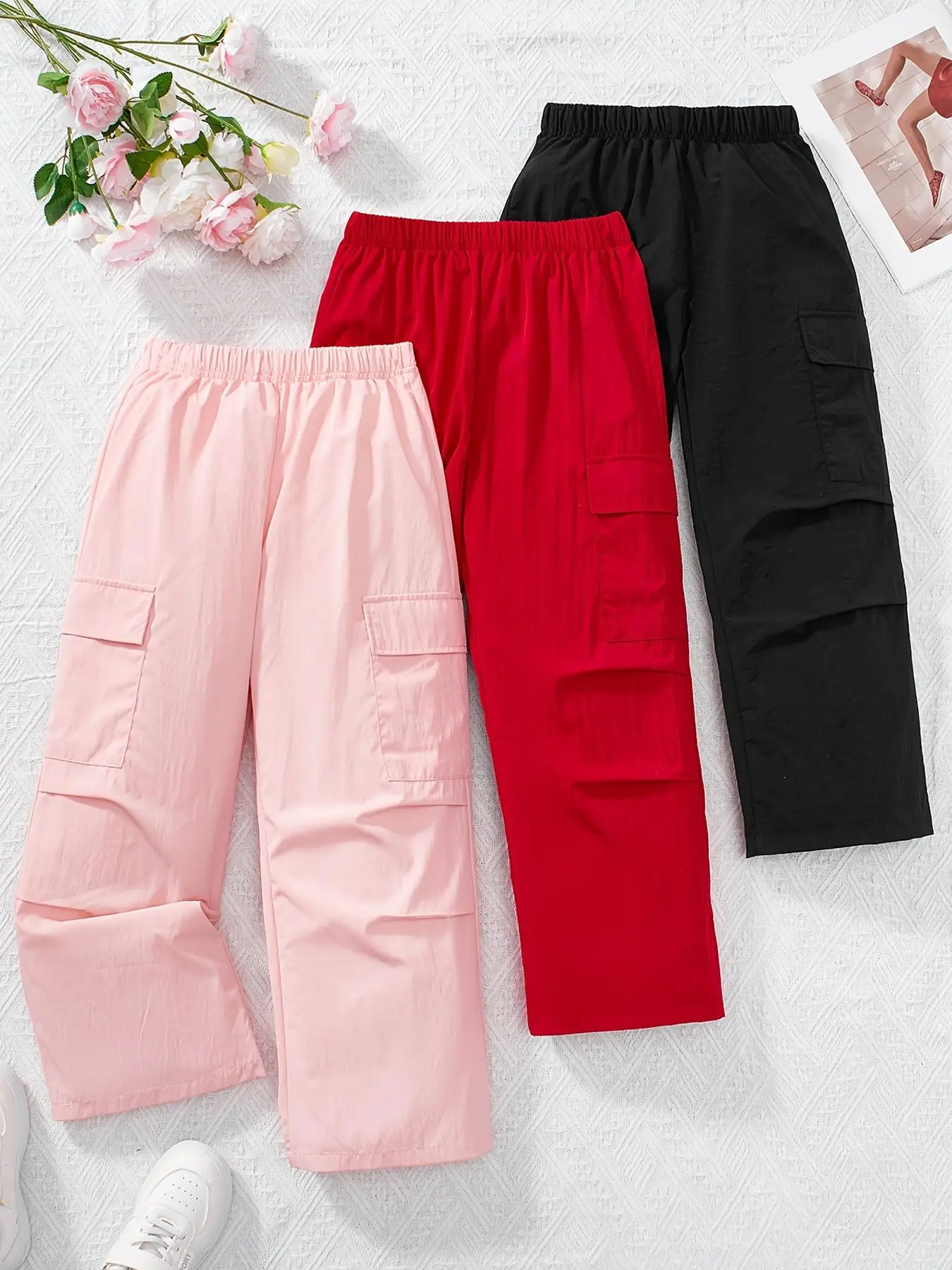 Girl's Solid Pocket Cargo Pants, Casual Trousers for Spring & Fall, Kids Bottoms for Daily Wear