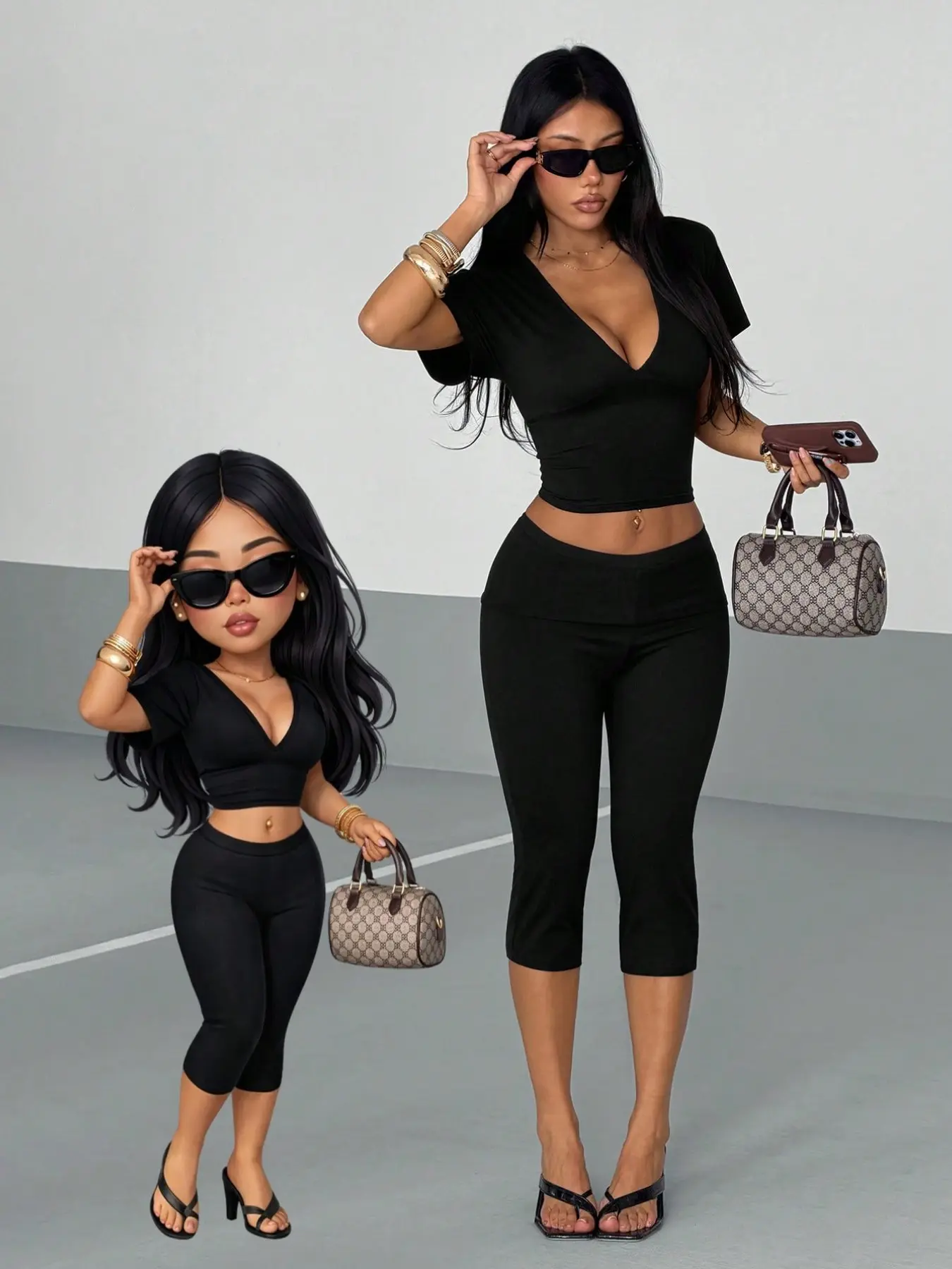 Women's European Style Two-Piece Bodycon Set, Summer Sets Casual, Deep V Neck Short Tee + Tight Crop Pants, Evening Party Streetwear, High-End Sexy, Chic, Tall-Looking, Versatile, Fit