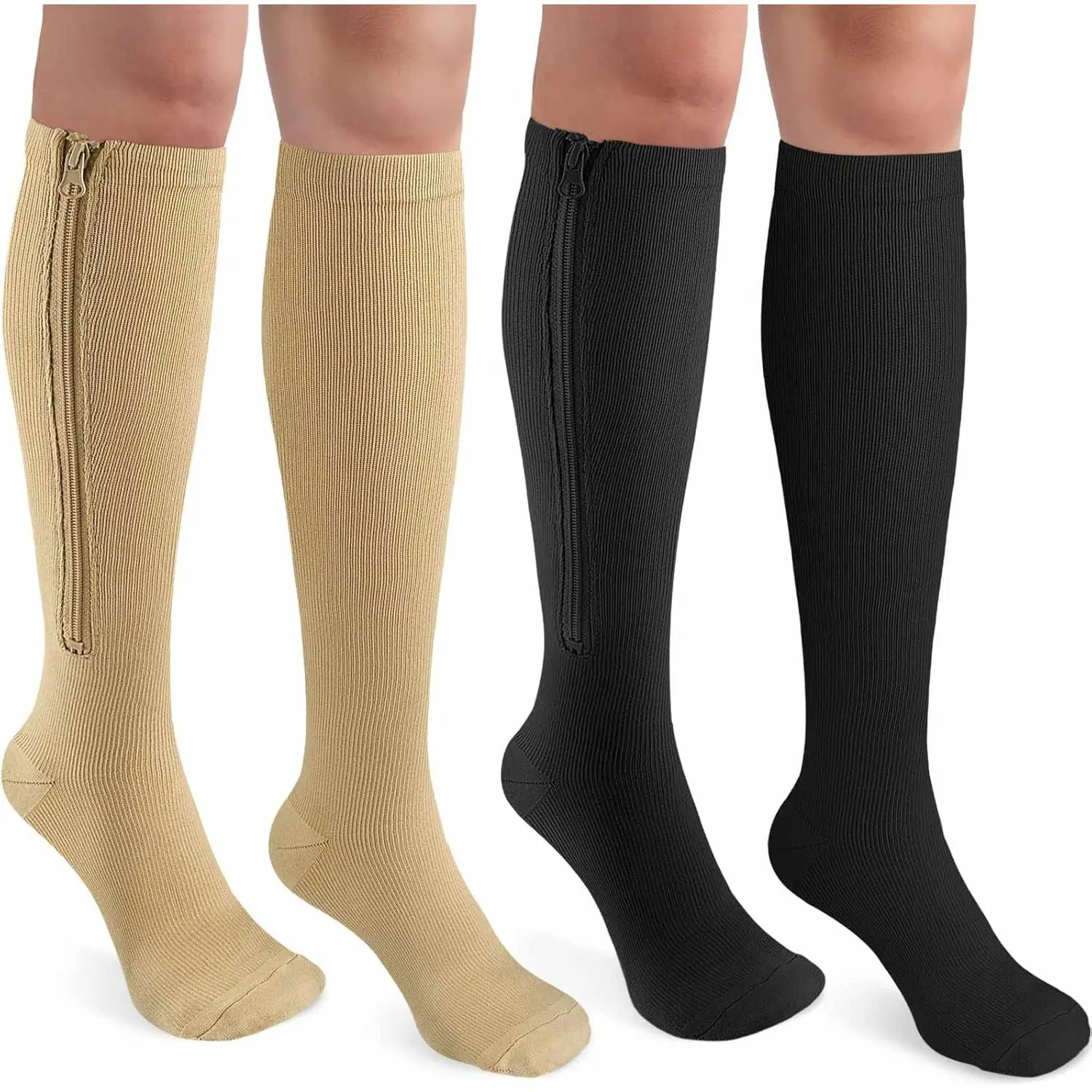 Unisex Adult 2 Pairs Closed Toe Knee Socks - 15-20 mmHg Zipper Compression Stockings for Varicose Veins, Edema Support, Adults, Knee-High, Sock Set