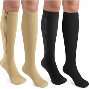 2 Pairs Zipper Compression Socks for Women & Men,15-20 mmHg Closed Toe Knee High Support Sock for Varicose Vein Edema