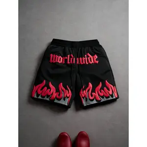 Men's Casual Summer Flame & Letter Print Shorts, Black Graphic Shorts, Red Flame Shorts