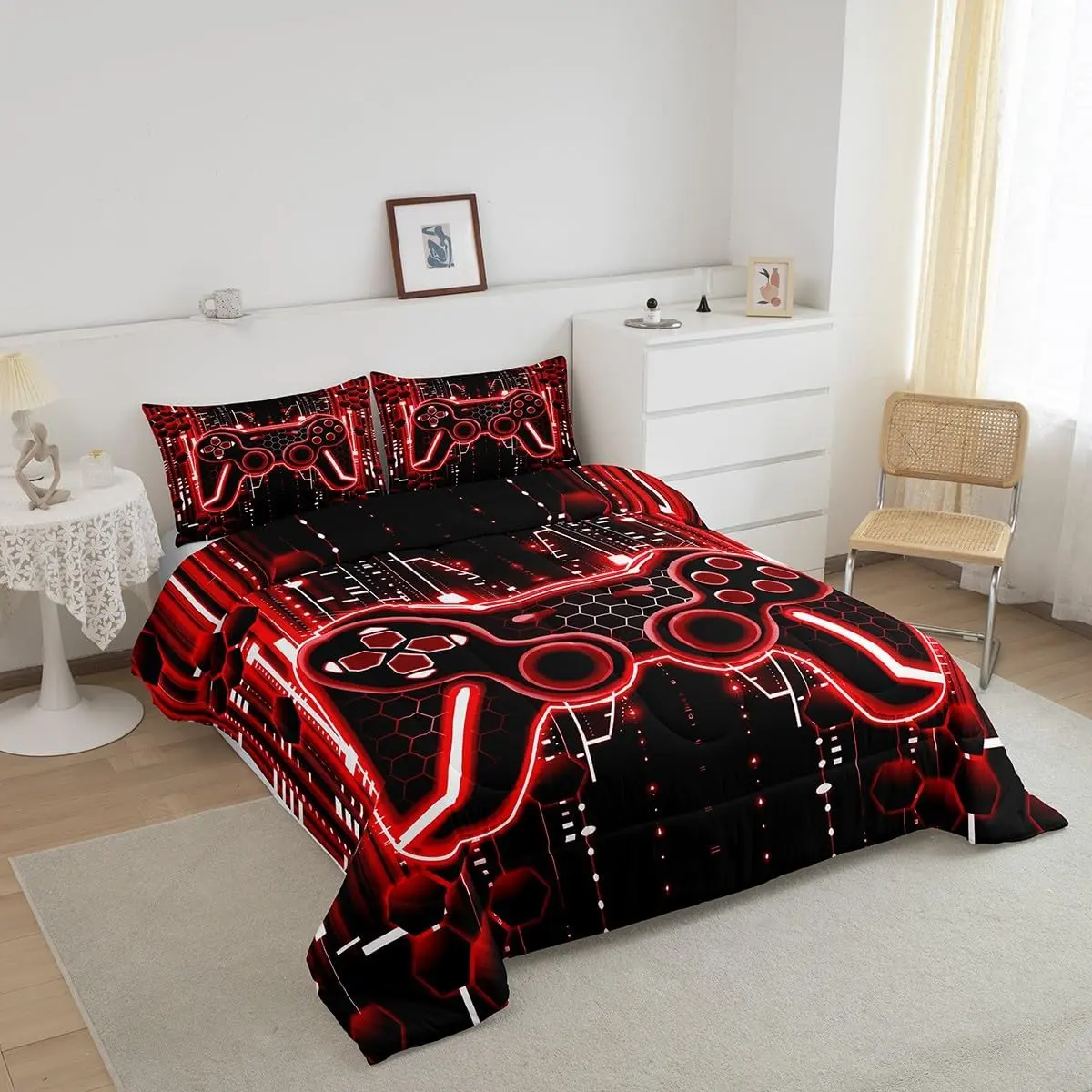 Feelyou Gamer Theme Bedding Set - Black and Red Pattern Duvets & Sets, Geometric Digital Prints, Flat Weave, Breathable, Twin/Full Sizes, Gamepad Quilt for Game Room, Luxury Decorative Solution