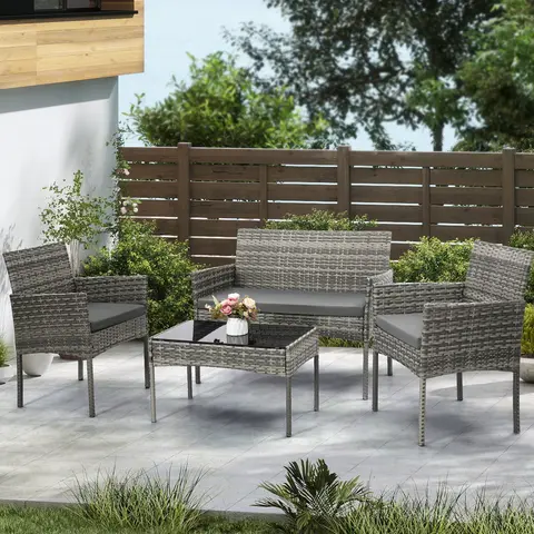 MURAGO Classic 4-Piece Weatherproof Patio Furniture Set - Outdoor Rattan Wicker Rectangular Tempered Glass Tabletop, Iron Chairs, Coated Steel Strength, Ergonomic PE Rattan, Washable Cushions, 60min Assembly Required (Grey) for Porch, Garden