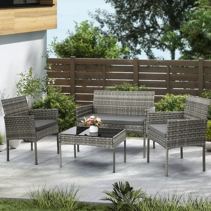 MURAGO Classic 4-Piece Weatherproof Patio Furniture Set - Outdoor Rattan Wicker Rectangular Tempered Glass Tabletop, Iron Chairs, Coated Steel Strength, Ergonomic PE Rattan, Washable Cushions, 60min Assembly Required (Grey) for Porch, Garden