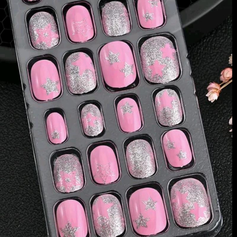 Kids pink and glitter stars press on nails
