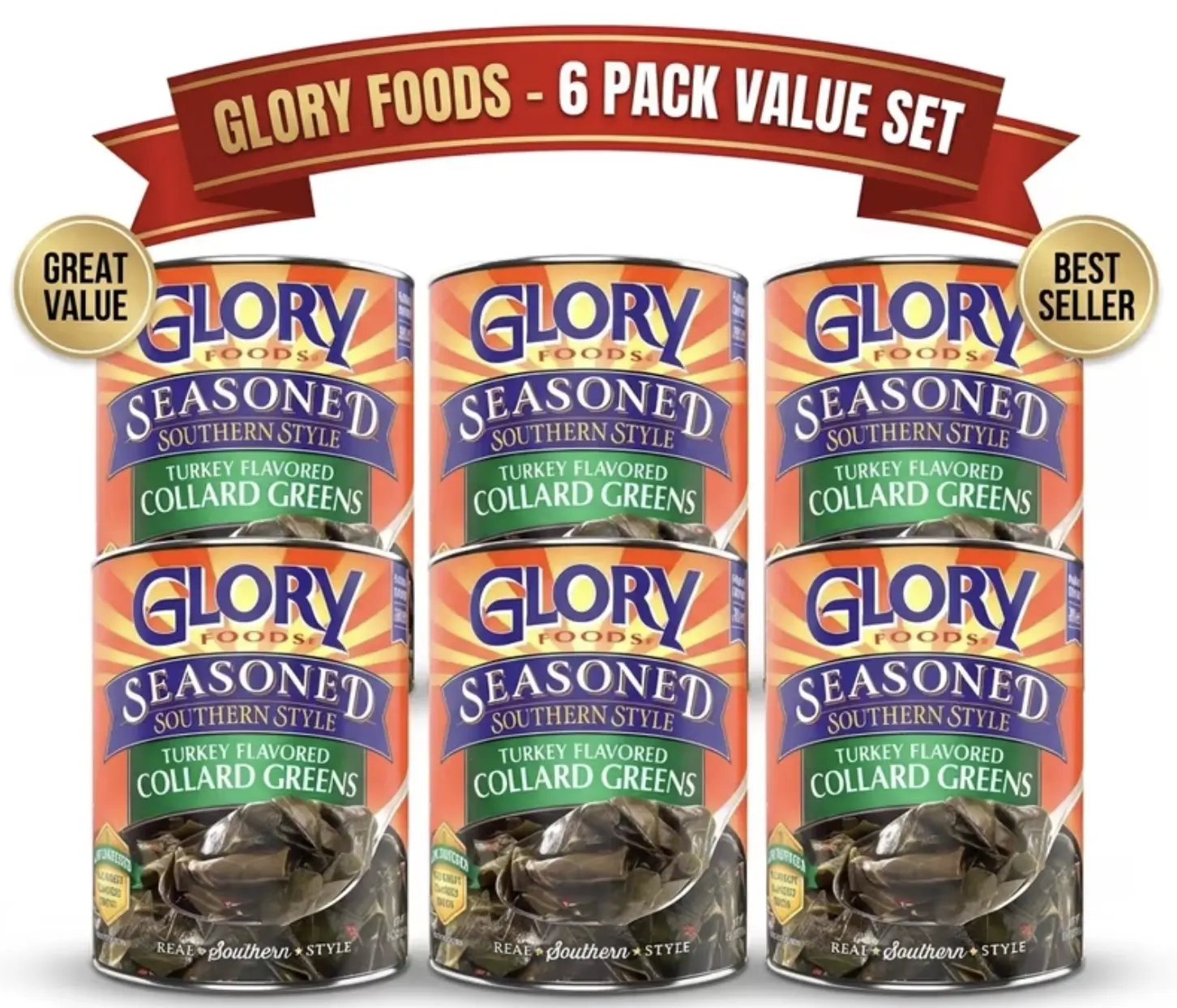 6 Pack Glory Foods Seasoned Southern Style Turkey Flavored Collard Greens, Canned Vegetables, 14.5 oz