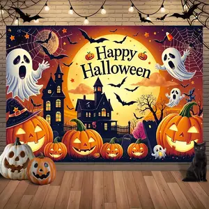 Happy Halloween Backdrop Banner with Haunted Castle, Pumpkins & Ghosts - Durable Polyester, Ideal for Parties, Carnivals, and Spooky Decorations, Halloween Decorations