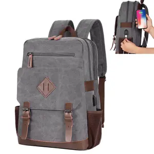 Modoker Vintage Canvas Backpack With USB Charging Port, Eco-Friendly Travel Rucksack Fits 15.6 Inch Laptop Casual Daypack For Men Women