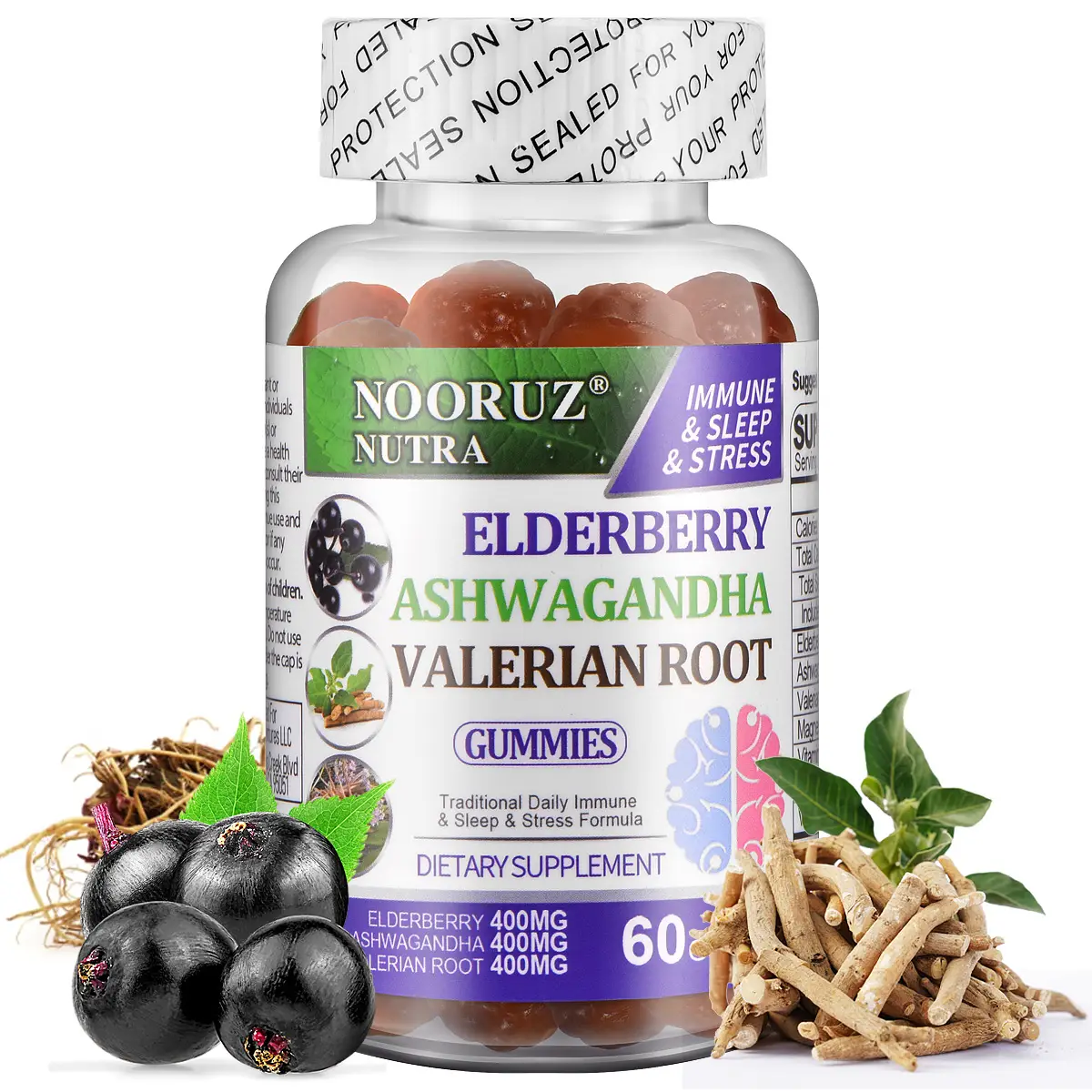 Elderberry Ashwagandha Gummies - Boost Immune System, Improve Sleep, Boost Memory and Brain Energy - Contains Valerian Root and Magnesium, All-in-One,