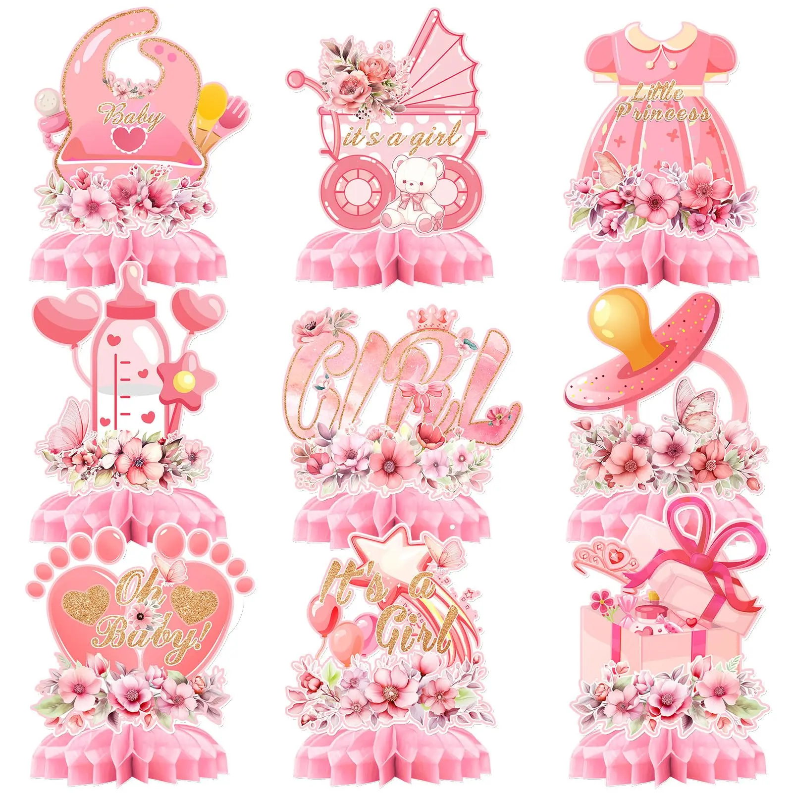 It's a Girl Baby Shower Centerpieces, 9-Piece Honeycomb Cardstock Decorations, Double-Sided Strollers and Pacifier Topper Set, Flowers, Birthday, Photo Booth, Card Stock, Gift, Feminine, Double Sides, Infant, Colorfast Print, 300G, Decorative, Durable