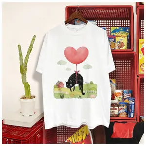 Balloon Cat T-Shirt Modern Streetwear Oversized Trendy 100% Cotton Graphic Tee Unisex White