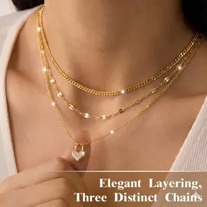 Layered Gold Necklaces for Women, 14K Gold Plated Dainty Heart Pendant Necklace Set, Stackable Cuban Chain Choker, Trendy Jewelry Gift for Women