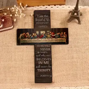 vintage wooden wall hung cross, Wooden cross decorations - "The Last Supper" with handmade wooden Christ logo, 8X12 inches, for indoor living room decoration on Christmas, Easter, 2D Flat, Religious Home Decor