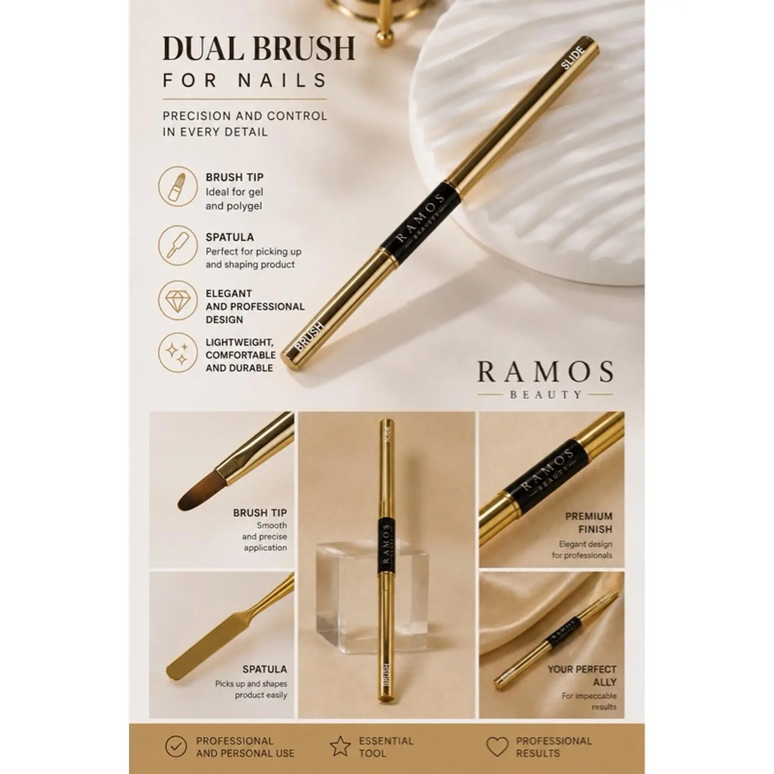 Ramos Beauty Dual Brush for Nails - Precision Control with Brush Tip & Spatula for Gel and Polygel - Lightweight and Durable Design