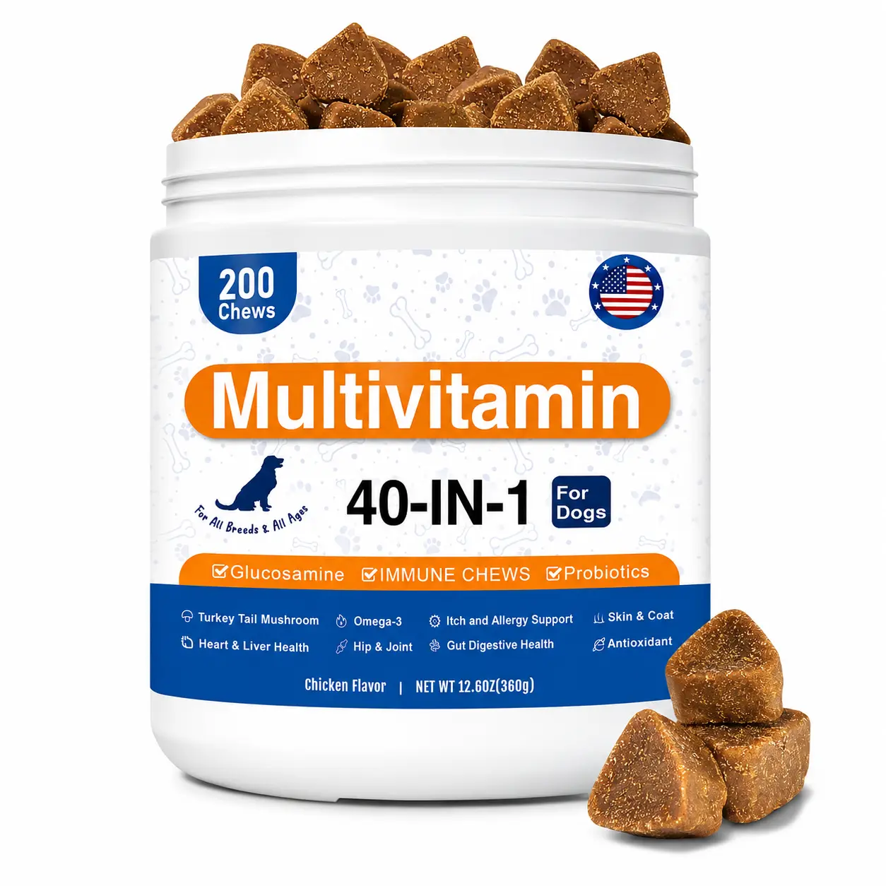 40-in-1 Multivitamin Soft Chews for Dogs, Chicken Flavor, Dog Vitamins Supplements with Probiotics, Omega-3 & Glucosamine, Supports Skin Coat, Joint, Heart, Liver, Brain, Eye & Immune Health（200ct）