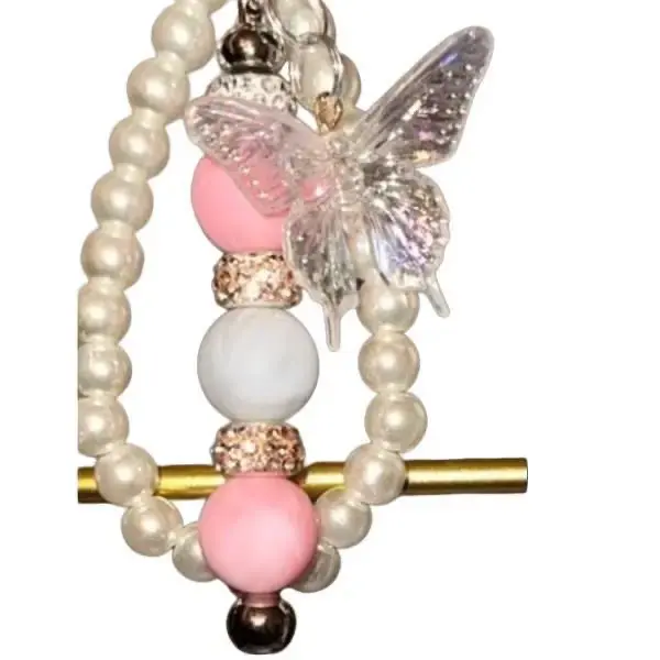 Pink Beaded Butterfly Keychain with Pearl Accents and Sparkling Butterfly Charm