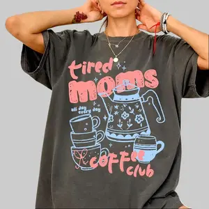 Tired Moms Coffee Club Comfort Colors T-Shirt, a funny retro coffee lover graphic tee, perfect for mom life, featuring a vintage preppy espresso style.
