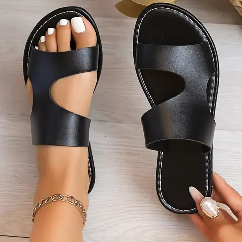 Women's Summer Flat Sandals, Fashionable Versatile Shoes, Trendy Sandals, Perfect for Dresses and Outdoor Wear, Comfortable and Stylish, Fashionable Slide Sandals, Casual Sandals, Fashionable Pu Slides, Fashionable Comfy Sandals
