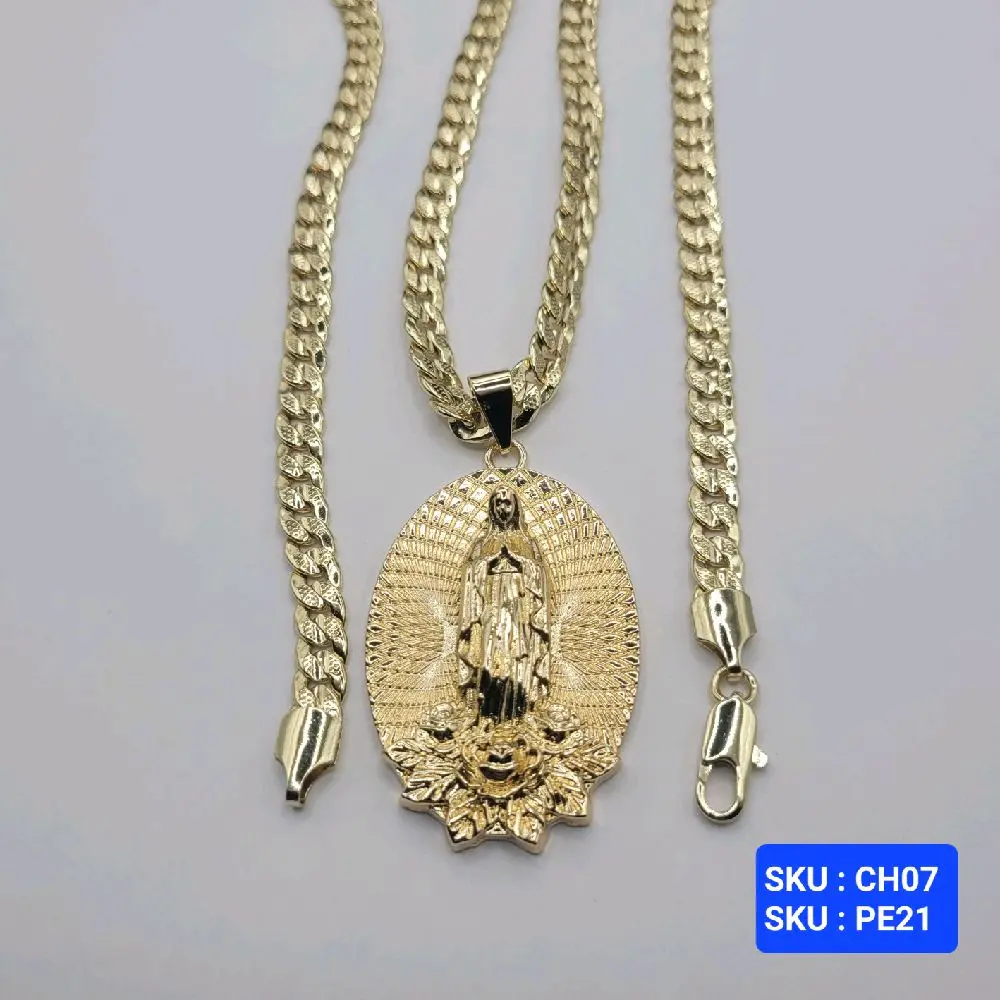 Virgin Mary with Roses pendant with cuban link diamond cut style Chain 24 Inches 6 Millimeters Laminated Gold Jewelry for Men and Women