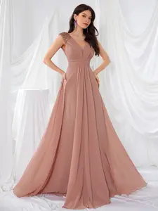 Women's Plain V Neck Sleeveless Chiffon Formal Evening Dress, Elegant Glittering Sequin Shoulder Split Hem Maxi Dress for Party & Banquet, Ladies' Clothes for All Seasons