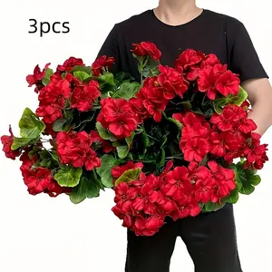 3pcs UV Resistant Geraniums Vibrant Red Artificial Flowers for Outdoor & indoorDecor Perfect for Garden, Patio and Home Centerpieces