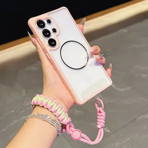 Acrylic transparent magnetic phone case with carrying strap, detachable camera cover, compatible with Samsung Galaxy S23-S26 FE/Plus/Ultra/Edge, A15/A16/A17/A26/A35/A55/A36/A56, stylish protective cover featuring unique design for daily use.