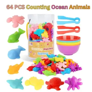 64 PCS Counting Ocean Animals for Toddlers – Montessori Color Sorting & Matching Game – Educational STEM Toys for Preschool Learning, Fine Motor Skills, Math & Sensory Play for Kids Ages 3+