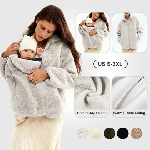Pwest MAMA Women Before & After Babywearing Fleece Jacket Soft Teddy Fleece, Long sleeve Zippered Jacket with Pocket, Detachable Babywearing Panel, Winter Warmth, 2 in 1 Design Gray BlackFriday