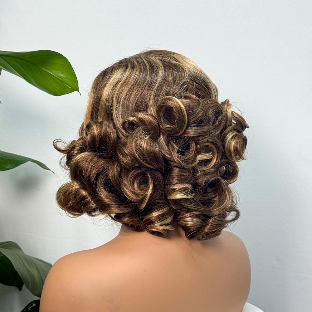 14 Inch Ombre Brown P4/350 Loose Bouncy Wave 200% Density Pre Cut Pre Plucked 5x5 Glueless Lace Wig Human hair Wigs 100% Vietnamese Hair Wear and Go Glueless Curly Wig