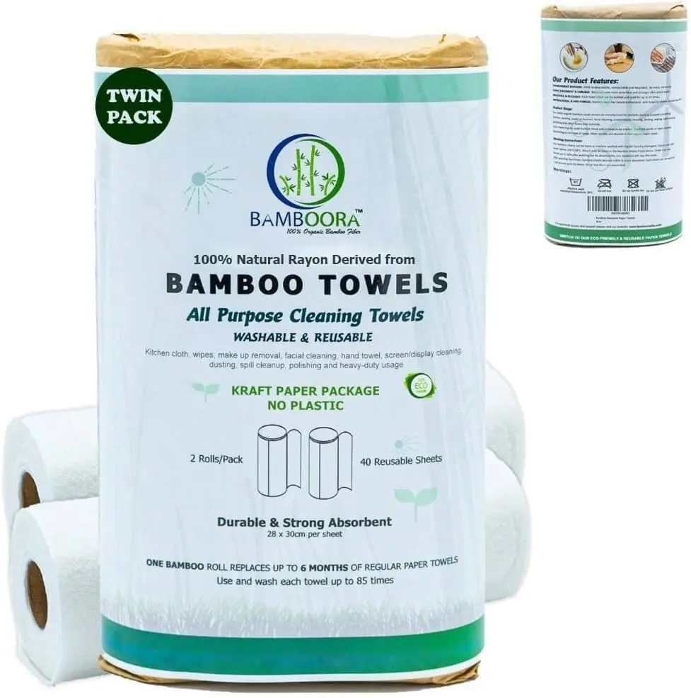 Reusable Bamboo Rayon Towels - Pack of 2 Washable Kitchen Paper Towels - Lint free, Zero Waste, Recyclable, 2x20 Heavy Duty Organic Washable Rolls