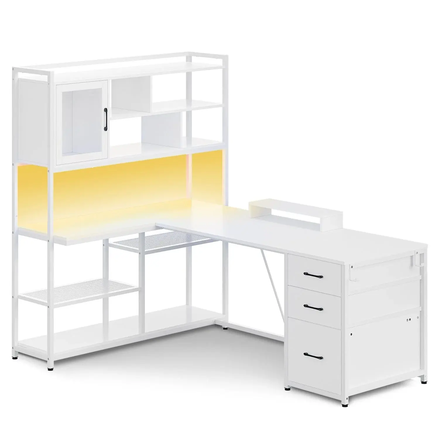 58-Inch L-Shaped LED Gaming Computer PC Desk - White Engineered Wood Workstation with RGB LED Lights, Desktop Bookshelf for Dual Monitor Setup, Kids Room Office Furniture
