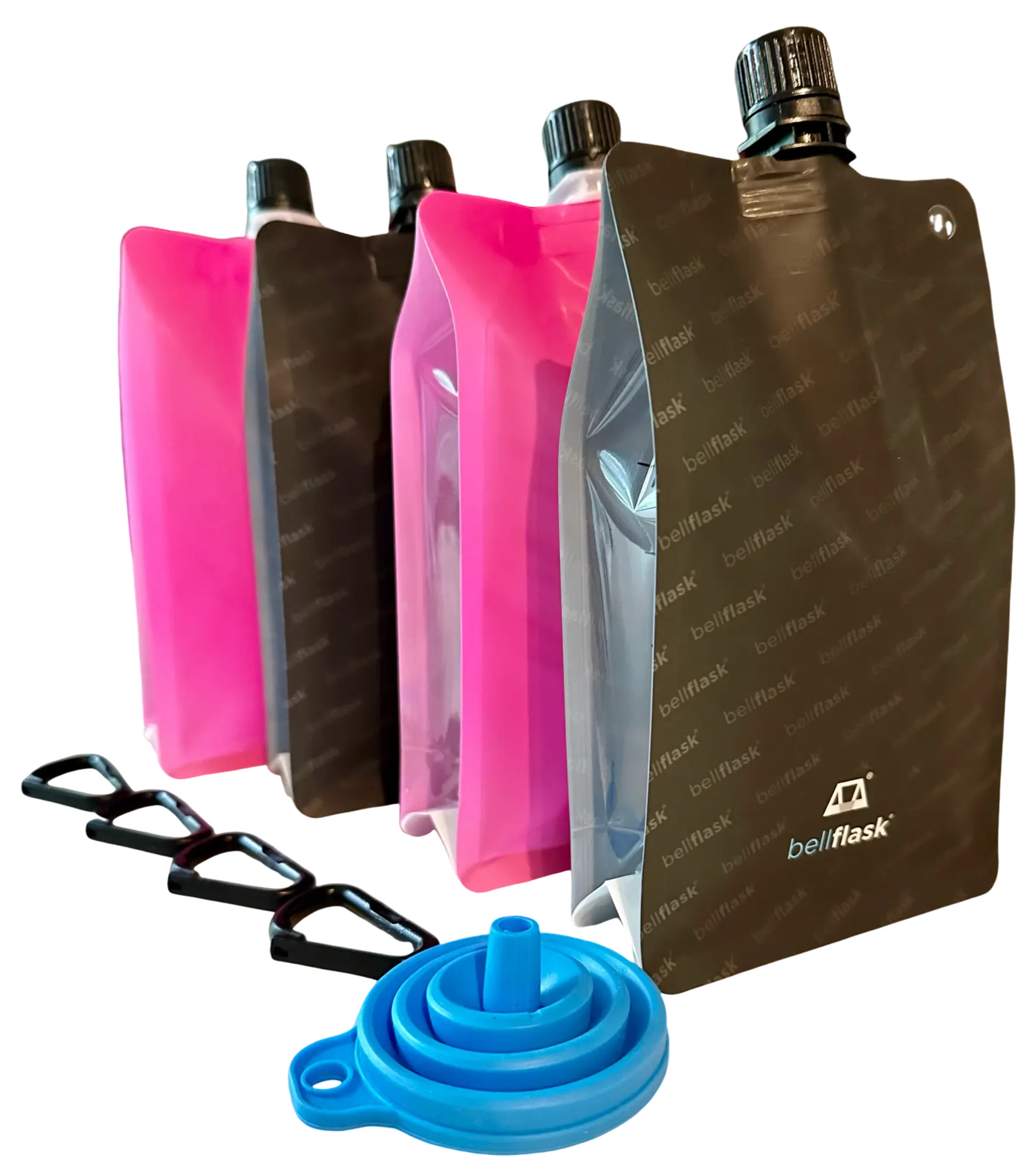 BellFlask (Pack of 4, Black & Pink) - 15 oz. Plastic Flask, Patented, Flexible, Metal-Free, Reusuable, BPA-Free with Carabiner Clip and Filling Funnel Drinkware Traditional