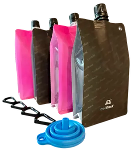 BellFlask (Pack of 4, Black & Pink) - 15 oz. Plastic Flask, Patented, Flexible, Metal-Free, Reusuable, BPA-Free with Carabiner Clip and Filling Funnel Drinkware Traditional