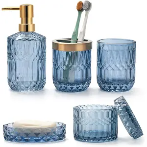 5 count Blue Glass Bathroom Accessories Sets of Lotion Dispenser, Soap Dish,  Holder, Tumbler, Cotton Swab Jars, Modern Bath Decor,
