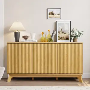 58" Fluted Sideboard Buffet Cabinet with 3 Doors & Adjustable Shelves – Farmhouse Curved Wood Console Table, Coffee Bar Storage Cupboard for Dining Room & Living Room