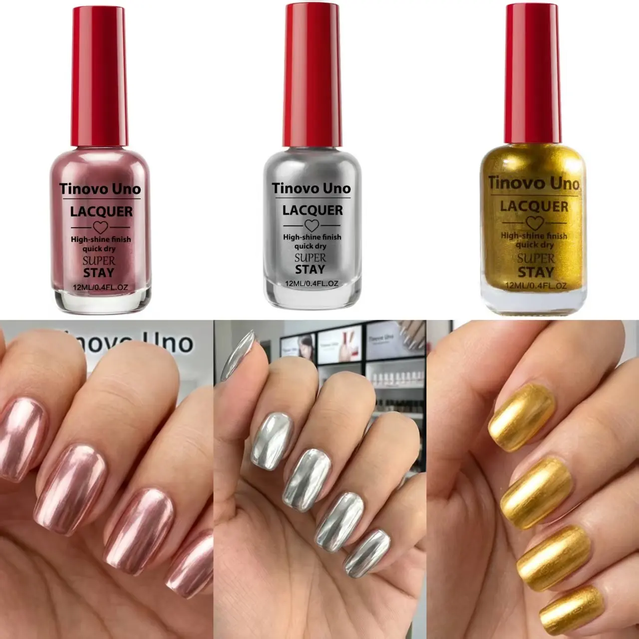 Tinovo Uno 3-piece set of mirror-finish chrome nail polish, no baking, alcohol-free, salon-grade chrome bright finish, long-lasting and non-peeling, perfect for adult holiday party manicures, Durable